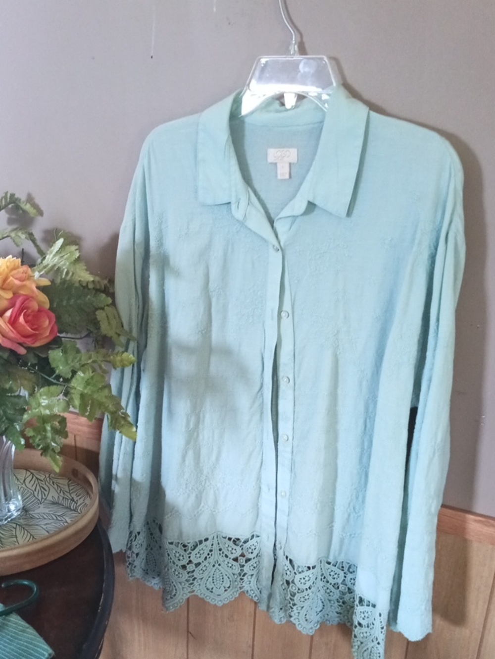 Light Aqua Button-Front Blouse with Lace Hem